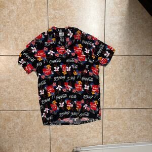 Coca Cola Camp Shirt‎ Hawaiian Floral Print Black Retro Party Casual Top